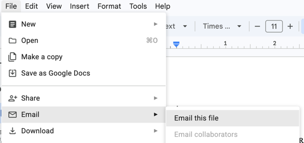 The Google Docs File menu, with Email → Email this file highlighted