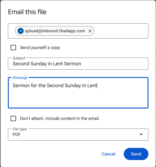 The "Email this file" dialog addressed to upload@inbound.thadapp.com with the file type set to PDF
